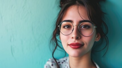 Wall Mural - Close-up of a young woman with glasses smiling against a vibrant teal background