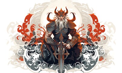 Wall Mural - a Viking warrior with elements of ancient Slavic ornament and runes, full length, vector, limited number of colors, very simple, high quality, white background. Generative Ai