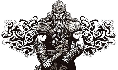 Wall Mural - a Viking warrior with elements of ancient Slavic ornament and runes, full length, vector, limited number of colors, very simple, high quality, white background. Generative Ai