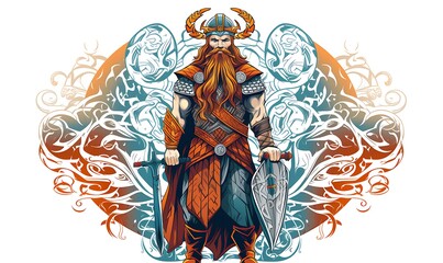 Wall Mural - a Viking warrior with elements of ancient Slavic ornament and runes, full length, vector, limited number of colors, very simple, high quality, white background. Generative Ai