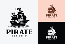 Logo Illustration Of A Pirate Ship, The Screen Expands With A Skull In Vintage Style