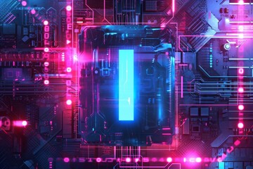Fototapete - A mesmerizing dance of magenta and blue on a circuit board, embodying the beauty and complexity of modern electronics