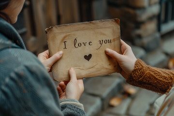 Close-up of hands holding a weathered piece of paper with I love you written on it, portraying a romantic and timeless message.
