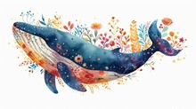 Cute Whale Watercolor Illustration. Watercolor Painting Of Whale With Isolated Background. Clip Art Composition Of Humpback Whale With Flowers.