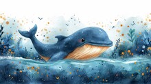 Cute Whale Watercolor Illustration. Watercolor Painting Of Whale. Clip Art Composition Of Humpback Whale With Flowers In The Sea.