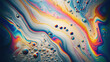 Multicolor oil and water interaction creating a psychedelic rainbow effect. Abstract artwork inspired by petrol spots. Luxury iridescent wallpaper. Contemporary trendy header, poster, design, cover