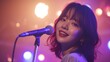 A beautiful korean female K-pop idol who is smiling while performing on a lovely and vivid stage. generative AI