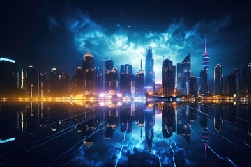 Wall Mural - Digital wave meets blurry night city: a creative fusion of technology and science.