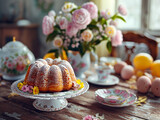 Fototapeta Tulipany - Delicious Easter cake with glaze on a decorative plate, in an exquisite setting of a festive table with beautiful dishes and colorful eggs