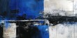 Abstract painting in shades of blue, black, and white background.