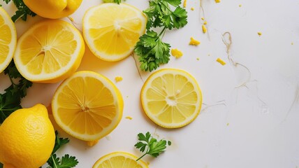 Wall Mural - Bright yellow lemon slices alongside green parsley on a white backdrop