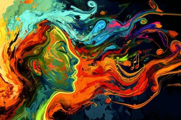 A digital artwork depicting a person releasing stress through creative expression. Vibrant swirls of colors symbolize emotional release, and the scene incorporates elements like music notes