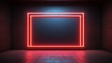 Fototapeta Panele - A huge neon sign in form of cube pointing right in huge empty dark space