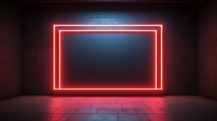 Wall Mural - A huge neon sign in form of cube pointing right in huge empty dark space