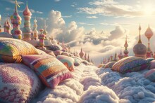 A breathtaking photorealistic capture of a magical world, where a city made entirely of soft, plush pillows and cushions sprawls across a landscape. The intricate details of each pillow structure