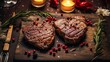 Two grilled heart-shaped beef steaks with spices