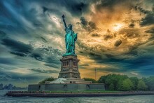 Statue Of Liberty City. The Statue Of Liberty In New York City, USA. The Statue Of Liberty Is The Most Famous Monument In The United States.
