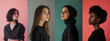 Female portrait. Elegant profile collection of diverse young women with varied hairstyles against colorful backdrops, symbolizing beauty and cultural diversity.