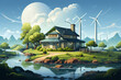 Spring village with a farmhouse and bright light on the sunny day,  Summertime landscape of farm field, hill, blue sky with cloudy at the countryside, on generative AI 