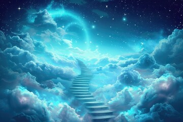 Wall Mural - night sky with stairs and stars. an endless path