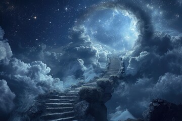 Wall Mural - night sky with stairs and stars. an endless path