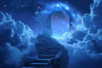 Wall Mural - night sky with stairs and stars. an endless path