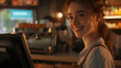 © john - smiling, young and attractive saleswoman, cashier serving customers,