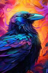 Wall Mural - Black Raven. Neon colors. Generative AI