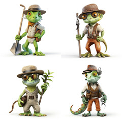 Sticker - 3d chameleon character look like farmer on the white background