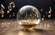schlichte elegante Kugel aus Glas mit schwebenden goldenen Musik Noten und Schlüsseln, wild wirbelnd Klang Rhythmus Melodie, lustiges Konzert Radio Fernsehen, magischer Hintergrund Vorlage