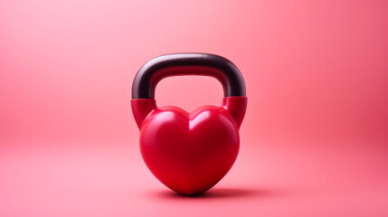 Wall Mural - Red kettlebell in the shape of a heart on red background for Valentine's Day, birthday, anniversary, wedding. Healthy fitness flat lay composition, gym workout concept, copy space