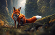 Illustration eines Rotfuchs Fuchs stehend lauernd Blick im Wald als natürlicher Hintergrund mit leicht unscharfen Elementen als Banner Gestaltung Design Vorlage