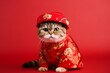 chinese new year festival background with cute cat wearing qipao,  the chinese traditional costume on red background