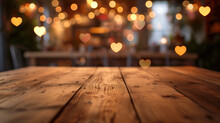 Empty Wooden Table With Blurred Background, Heart-shaped Bokeh Lights Of Six Star Luxury Hotel Room At Valentine Day