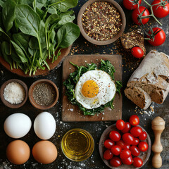 Sticker - Healthy Breakfast: Fresh, Delicious Spinach Omelet with Fried Eggs, Gourmet Meat, and Organic Vegetables on Wooden Plate