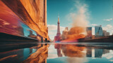 Fototapeta Fototapeta Londyn - An abstract urban dreamscape with distorted reflections of iconic landmarks and symbolic city elements, immersed in a surreal and fantastical color palette to evoke the magic.