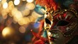 Colorful carnival masquerade parade mask on blurred bokeh lights background with copy space. For Venetian costume festival celebration, invitation, promotion.