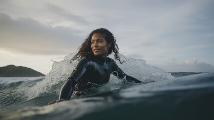 a black girl surfing in the sea take by professional photographer a great day in the stoke