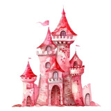 Fototapeta  - Watercolor illustration of red medieval castle isolated on background. Nursery art clipart, PNG Transparent background