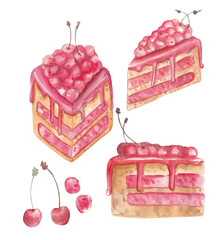 Wall Mural - Tasty homemade cherry cakes on white background, watercolor illustration