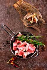 Canvas Print - Raw organic meat ( beef or lamb ) in metal bowl