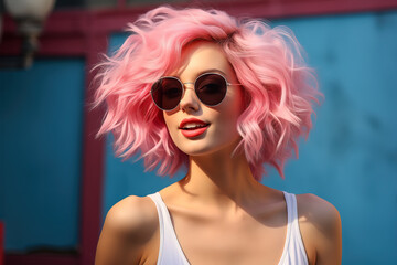 Wall Mural - Portrait of a young woman wearing sunglasses and with pink hair on a blue background.