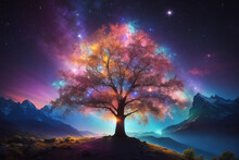 Alone Tree With  Fireflies Or Lightning Bug In The Night Sky. A Colorful Winter Landscape Illustration, Generative AI
