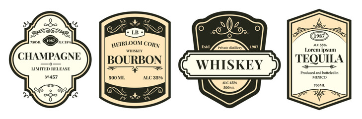 labels for beer, vodka and whiskey bottles. vintage wine frame sticker in wood. alcohol beverage bra