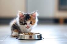 Cute Fluffy Calico Kitten Is Sitting On The Floor Near The Bowl Of Dry Kibble Cat Food