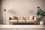 Fototapeta  - a 3D-rendered modern living room mockup featuring a beige minimal sofa against an empty wall background.  