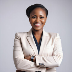 A poised and self-assured professional black african woman radiates confidence as she smiles directly at the camera, her elegance underscored by a chic, tailored beige blazer
