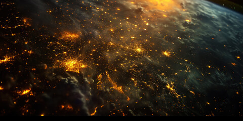 Wall Mural - big city lights view from space. planet earth globe with night realistic world map. communication co