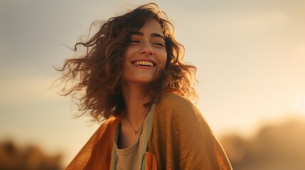 Wall Mural - carefree woman with joyful expression, smiling while standing in relaxed 