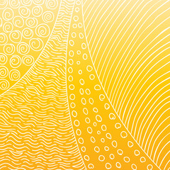 Wall Mural - Hand drawn pattern of white wavy lines, small circles, spirals on yellow gradient, Abstract background inspired by indigenous aboriginal art and impressionism